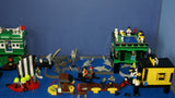 4 CUSTOM LEGO SETS "MISSION DEEP SEA COMPROMISED" (32" x 12") 1012 pieces, 36 NOW RARE RETIRED MINIFIGURES, 30 ANIMALS OR FISH, 3 RESEARCH CENTERS ON STILTS, POOL, DOCKS, BOATS, HOLDING TANKS, ROCKY SHORE, MANY ACCESSORIES (KIT 13)