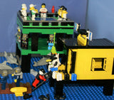 4 CUSTOM LEGO SETS "MISSION DEEP SEA COMPROMISED" (32" x 12") 1012 pieces, 36 NOW RARE RETIRED MINIFIGURES, 30 ANIMALS OR FISH, 3 RESEARCH CENTERS ON STILTS, POOL, DOCKS, BOATS, HOLDING TANKS, ROCKY SHORE, MANY ACCESSORIES (KIT 13)