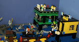 4 CUSTOM LEGO SETS "MISSION DEEP SEA COMPROMISED" (32" x 12") 1012 pieces, 36 NOW RARE RETIRED MINIFIGURES, 30 ANIMALS OR FISH, 3 RESEARCH CENTERS ON STILTS, POOL, DOCKS, BOATS, HOLDING TANKS, ROCKY SHORE, MANY ACCESSORIES (KIT 13)