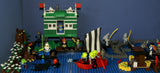 4 CUSTOM LEGO SETS "MISSION DEEP SEA COMPROMISED" (32" x 12") 1012 pieces, 36 NOW RARE RETIRED MINIFIGURES, 30 ANIMALS OR FISH, 3 RESEARCH CENTERS ON STILTS, POOL, DOCKS, BOATS, HOLDING TANKS, ROCKY SHORE, MANY ACCESSORIES (KIT 13)