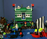 4 CUSTOM LEGO SETS "MISSION DEEP SEA COMPROMISED" (32" x 12") 1012 pieces, 36 NOW RARE RETIRED MINIFIGURES, 30 ANIMALS OR FISH, 3 RESEARCH CENTERS ON STILTS, POOL, DOCKS, BOATS, HOLDING TANKS, ROCKY SHORE, MANY ACCESSORIES (KIT 13)