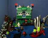 4 CUSTOM LEGO SETS "MISSION DEEP SEA COMPROMISED" (32" x 12") 1012 pieces, 36 NOW RARE RETIRED MINIFIGURES, 30 ANIMALS OR FISH, 3 RESEARCH CENTERS ON STILTS, POOL, DOCKS, BOATS, HOLDING TANKS, ROCKY SHORE, MANY ACCESSORIES (KIT 13)