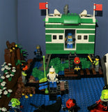 4 CUSTOM LEGO SETS "MISSION DEEP SEA COMPROMISED" (32" x 12") 1012 pieces, 36 NOW RARE RETIRED MINIFIGURES, 30 ANIMALS OR FISH, 3 RESEARCH CENTERS ON STILTS, POOL, DOCKS, BOATS, HOLDING TANKS, ROCKY SHORE, MANY ACCESSORIES (KIT 13)