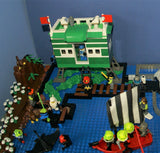 4 CUSTOM LEGO SETS "MISSION DEEP SEA COMPROMISED" (32" x 12") 1012 pieces, 36 NOW RARE RETIRED MINIFIGURES, 30 ANIMALS OR FISH, 3 RESEARCH CENTERS ON STILTS, POOL, DOCKS, BOATS, HOLDING TANKS, ROCKY SHORE, MANY ACCESSORIES (KIT 13)