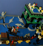 4 CUSTOM LEGO SETS "MISSION DEEP SEA COMPROMISED" (32" x 12") 1012 pieces, 36 NOW RARE RETIRED MINIFIGURES, 30 ANIMALS OR FISH, 3 RESEARCH CENTERS ON STILTS, POOL, DOCKS, BOATS, HOLDING TANKS, ROCKY SHORE, MANY ACCESSORIES (KIT 13)