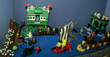 4 CUSTOM LEGO SETS "MISSION DEEP SEA COMPROMISED" (32" x 12") 1012 pieces, 36 NOW RARE RETIRED MINIFIGURES, 30 ANIMALS OR FISH, 3 RESEARCH CENTERS ON STILTS, POOL, DOCKS, BOATS, HOLDING TANKS, ROCKY SHORE, MANY ACCESSORIES (KIT 13)