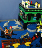 4 CUSTOM LEGO SETS "MISSION DEEP SEA COMPROMISED" (32" x 12") 1012 pieces, 36 NOW RARE RETIRED MINIFIGURES, 30 ANIMALS OR FISH, 3 RESEARCH CENTERS ON STILTS, POOL, DOCKS, BOATS, HOLDING TANKS, ROCKY SHORE, MANY ACCESSORIES (KIT 13)