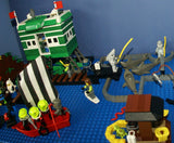 4 CUSTOM LEGO SETS "MISSION DEEP SEA COMPROMISED" (32" x 12") 1012 pieces, 36 NOW RARE RETIRED MINIFIGURES, 30 ANIMALS OR FISH, 3 RESEARCH CENTERS ON STILTS, POOL, DOCKS, BOATS, HOLDING TANKS, ROCKY SHORE, MANY ACCESSORIES (KIT 13)