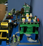 4 CUSTOM LEGO SETS "MISSION DEEP SEA COMPROMISED" (32" x 12") 1012 pieces, 36 NOW RARE RETIRED MINIFIGURES, 30 ANIMALS OR FISH, 3 RESEARCH CENTERS ON STILTS, POOL, DOCKS, BOATS, HOLDING TANKS, ROCKY SHORE, MANY ACCESSORIES (KIT 13)