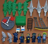 4 CUSTOM LEGO SETS "MISSION DEEP SEA COMPROMISED" (32" x 12") 1012 pieces, 36 NOW RARE RETIRED MINIFIGURES, 30 ANIMALS OR FISH, 3 RESEARCH CENTERS ON STILTS, POOL, DOCKS, BOATS, HOLDING TANKS, ROCKY SHORE, MANY ACCESSORIES (KIT 13)