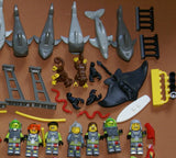 4 CUSTOM LEGO SETS "MISSION DEEP SEA COMPROMISED" (32" x 12") 1012 pieces, 36 NOW RARE RETIRED MINIFIGURES, 30 ANIMALS OR FISH, 3 RESEARCH CENTERS ON STILTS, POOL, DOCKS, BOATS, HOLDING TANKS, ROCKY SHORE, MANY ACCESSORIES (KIT 13)