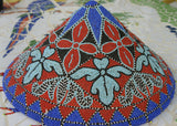 Vintage, Now Rare, Ceremonial Conical Coolie Sun Hat, Hand Beaded Minute Colorful Mosaic Motifs, Orchid, Leaves &  Lotus Flowers, Nassa Shells: 161A4, Collected in Sumatra, 1980’s but Older. Bride Price, Currency. 21” Tall Display Stand Included.