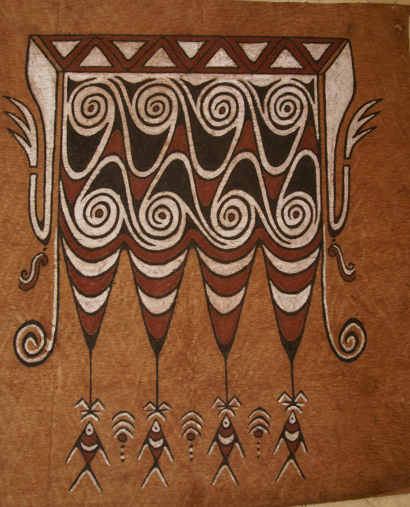 Rare Maro Tapa loin Bark Cloth (Kapa in Hawaii), from Lake Sentani, Irian Jaya, Papua New Guinea. Authentic, Hand Painted with Natural Pigments by a Tribal Artist, Abstract Motifs of Stylized Fish and Waves from Lake Sentani 24