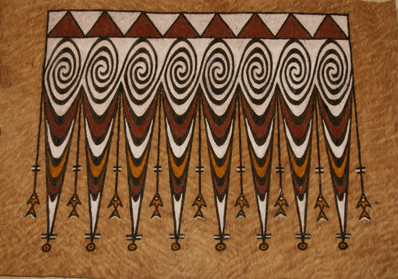 Rare Tapa Kapa Bark Cloth (Called Kapa in Hawaii), from Lake Sentani, Irian Jaya, Papua New Guinea. Hand painted with natural pigments by a Tribal Artist: Abstract Geometric Stylized Fish Motifs 28.5