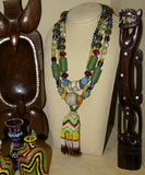 Unique Tribal Old Hand Crafted Colorful Rare Magic Spiritual Glass Trade Beads & Tassel Necklace, Ethnic Orang Ulu Ceremonial Status Symbol, Currency, Bride Price, collected in late 1900’s, Borneo, Kalimantan. NB10 + 1 Handmade Coconut Beads’ Chain