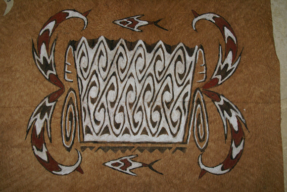 Rare Maro Tapa loin Bark Cloth (Kapa in Hawaii), from Lake Sentani, Irian Jaya, Papua New Guinea. Hand painted by a Tribal Artist with natural pigments: Spiritual Stylized Fish Motifs & swordfish 29
