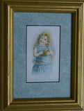 EPHEMERA AMERICANA WHIMSICAL ART: 1880's FRAMED VICTORIAN TRADE CARD: DOUGHERTY'S NEW ENGLAND CONDENSED MINCE MEAT, LITTLE GIRL IN BLUE DRESS (DFPO1C) VINTAGE HAND PAINTED FRAME DESIGNER COLLECTOR COLLECTIBLE WALL DÉCOR UNIQUE