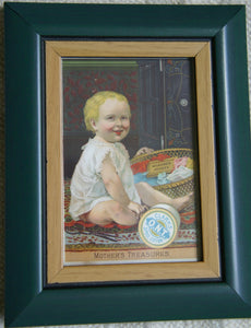 EPHEMERA AMERICANA WHIMSICAL ART: 1880's FRAMED ANTIQUE VICTORIAN AD ADVERTISEMENT TRADE CARD: CLARK'S O.N.T. SPOOL COTTON, CUTE BABY (DFPO1B) DARLING CHILD DESIGNER COLLECTOR COLLECTIBLE WALL DÉCOR UNIQUE FRAMED