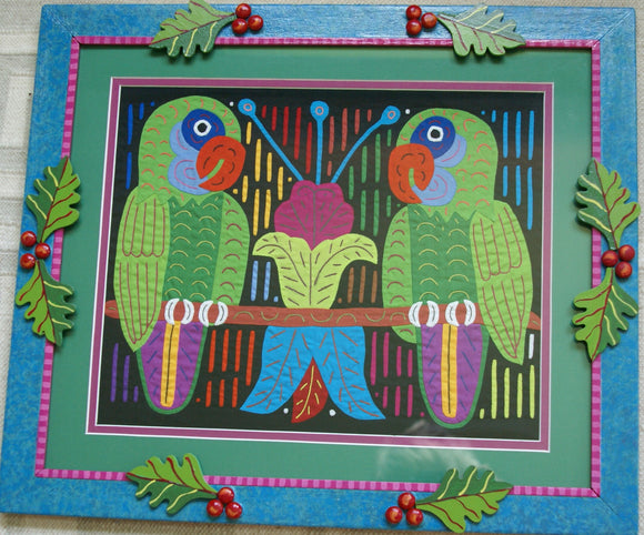 A Framed Kuna Indian Folk Art Mola from San Blas Islands, Panama in Hand Painted Frame With Wood Leaves, Glass & Double Mats. Hand stitched  Applique: Green Parrots On a Perch 20.5