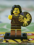 BRAND NEW, RARE RETIRED LEGO COLLECTIBLE MINIFIGURE 71001: WARRIOR WOMAN WITH SHIELD, LANCE & BLACK BASE  (Serie 10) 71001, RELEASED IN 2013. 7 PIECES