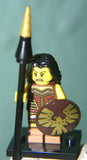 BRAND NEW, RARE RETIRED LEGO COLLECTIBLE MINIFIGURE 71001: WARRIOR WOMAN WITH SHIELD, LANCE & BLACK BASE  (Serie 10) 71001, RELEASED IN 2013. 7 PIECES