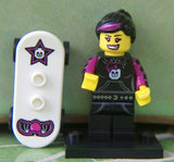 BRAND NEW, NOW RARE RETIRED LEGO MINIFIGURE COLLECTIBLE: SKATEBOARDER GIRL WITH SKATEBOARD, PONY TAIL HAIR + BLACK BASE, Serie 6, YEAR 2012, 6 PIECES