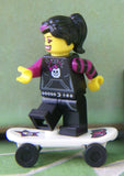 BRAND NEW, NOW RARE RETIRED LEGO MINIFIGURE COLLECTIBLE: SKATEBOARDER GIRL WITH SKATEBOARD, PONY TAIL HAIR + BLACK BASE, Serie 6, YEAR 2012, 6 PIECES