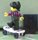 BRAND NEW, NOW RARE RETIRED LEGO MINIFIGURE COLLECTIBLE: SKATEBOARDER GIRL WITH SKATEBOARD, PONY TAIL HAIR + BLACK BASE, Serie 6, YEAR 2012, 6 PIECES