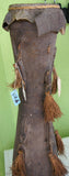 Rare One of a Kind Bigman Tribal Older Wood Kundu Hourglass Hand Held Drum, Hand Carved Percussion Instrument with Dried Palm Tassels decorations, original monitor skin, Huon Gulf, Eastern New Guinea 1980's, Melanesia 42A6