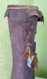 Rare One of a Kind Bigman Tribal Older Wood Kundu Hourglass Hand Held Drum, Hand Carved Percussion Instrument with Dried Palm Tassels decorations, original monitor skin, Huon Gulf, Eastern New Guinea 1980's, Melanesia 42A6