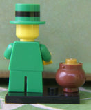 NEW, NOW RARE, RETIRED LEGO MINIFIGURE COLLECTIBLE: LEPRECHAUN WITH GREEN TOP HAT & POT OF GOLD WITH LID AND BLACK BASE (Serie 6) RELEASED IN 2012, 7 PIECES