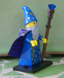 VERY RARE RETIRED (IN 2014) LEGO MINIFIGURE: WIZARD (WITCH) ON BASE WITH BEARD, NIGHT SKY CAPE, CONIC HAT & STAFF WITH JEWEL (MPN 71007, Series 12) BRAND NEW COMPLETE. 9 PIECES
