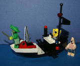 UNIQUE CUSTOM LEGO SET (58 PCS) 3, NOW RARE, (NEW) RETIRED MINIFIGURES: FLYING DUTCHMAN, SPONGEBOB AND PATRICK 3817,  PIRATE BOAT WITH PULLY, GEARS & ACCESSORIES (KIT 31)