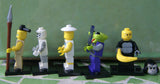 5 NOW RARE RETIRED LEGO MINIFIGURES (Serie 3): SPACE ALIEN, GORILLA SUIT GUY, TENNIS PLAYER, MUMMY & TRIBAL CHIEF WITH 5 NEW BLACK BASES INCLUDED, 26 PIECES, YEAR 2010.