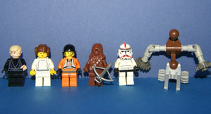LEGO STAR WARS, 6 NOW RARE RETIRED MINIFIGURES (EPISODES 4/5/6): PRINCESS LEIA, LUKE SKYWALKER, CHEWBACCA, DUTCH VANDER, CLONE TROOPER, IMPERIAL DROID (39 PCS). KIT SET ITEM 17