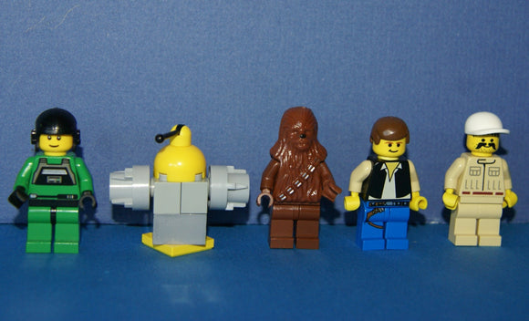 5, NOW RARE, RETIRED LEGO MINIFIGURES FROM STAR WARS (EPISODES 4/5/6): HAN SOLO, CHEWBACCA, PILOT, REBEL TECHNICIAN, CUSTOM SPY DROID (25 PCS) KIT: SET ITEM 18, 25 PIECES.