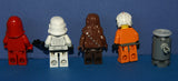 5 NOW RARE RETIRED LEGO MINIFIGURES FROM STAR WARS (EPISODES 4/5/6): LUKE SKYWALKER SW019A, CHEWBACCA SW011A, RED ROYAL GUARD SW040, STORM TROOPER SW036, AND CUSTOM SPY DROID, WEAPONS (21 PCS). KIT: ITEM 20