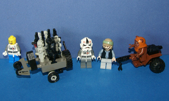 4, NOW RARE, RETIRED LEGO MINIFIGURES COLLECTIBLES FROM STAR WARS (EPISODES 4/5/6): 2 AT-AT DRIVERS, TROOPER, WICKET, EWOK PLUS TOOL & GUN CART & TRAVEL CART AND MORE (55PCS). SET 29, NOT PLAYED WITH