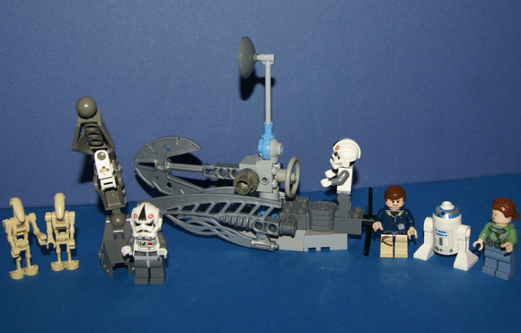 7 NOW VERY RARE RETIRED LEGO MINIFIGURES COLLECTIBLES FROM STAR WARS (EPISODES 4/5/6): HAN SOLO, PRINCESS LEIA, R2-D2, 2 AT-AT DRIVERS, 2 BATTLE DROIDS PLUS 2 CUSTOM BUILDS: ARTICULATED CRANE & ENEMY SKY CHOPPER (54 PCS) KIT SET ITEM 30