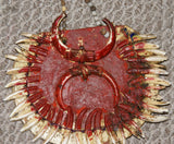 Unique Rare Body Art : Big Man Tribal Pectoral Cannibal Trophy Necklace, Bride Price, Currency & Feud Payment Collectible: 4 Boar Tusks, 33 Dingo Teeth & Fangs, Seed beads, Bark Twine, Red Coloring etc…Collected in late 1900’s, Papua New Guinea Highlands.