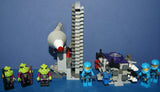 LEGO, 6 NOW RARE RETIRED ALIEN CONQUEST MINIFIGURES: ALIEN TROOPERS AC003, ALIEN DEFENSE UNIT SOLDIER AC016 + 2 UNIQUE CUSTOM BUILDS: ROCKET LAUNCH TOWER & ROCKET, ASTONAUT TOOL BENCH 194 PCS. (KIT ITEM SET 51)