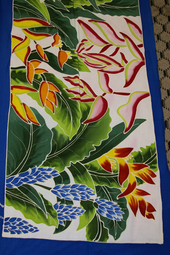 HIGH QUALITY HAND PAINTED TEXTILE FABRIC HALF SARONG OR BEACH SKIRT SIGNED BY THE ARTIST: DETAILED MOTIFS OF BLOOMING GINGER, BIRD OF PARADISE, TROPICAL PLANTS, RICH COLORS 74