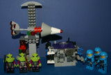 LEGO, 6 NOW RARE RETIRED ALIEN CONQUEST MINIFIGURES: ALIEN TROOPERS AC003, ALIEN DEFENSE UNIT SOLDIER AC016 + 2 UNIQUE CUSTOM BUILDS: ROCKET LAUNCH TOWER & ROCKET, ASTONAUT TOOL BENCH 194 PCS. (KIT ITEM SET 51)