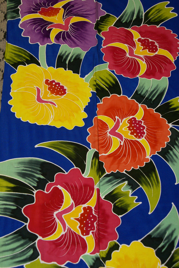 HIGH QUALITY HAND PAINTED TEXTILE FABRIC HALF SARONG OR BEACH SKIRT, SUMMER TABLE RUNNER SIGNED BY THE ARTIST: DETAILED MOTIFS OF BLOOMING DOUBLE HIBISCUS, RICH COLORS 74