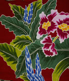 HIGH QUALITY HAND PAINTED TEXTILE FABRIC HALF SARONG OR BEACH SKIRT, SUMMER TABLE RUNNER, SIGNED BY THE ARTIST: DETAILED MOTIFS OF BLOOMING HIBISCUS ON RED BACKROUND, RICH COLORS 74" x 23" (no SC12)