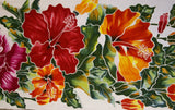 HIGH QUALITY HAND PAINTED TEXTILE FABRIC HALF SARONG OR BEACH SKIRT, SUMMER TABLE RUNNER, SIGNED BY THE ARTIST: DETAILED MOTIFS OF BLOOMING HIBISCUS ON WHITE BACKGROUND, RICH COLORS 74" x 23" (no SC14)
