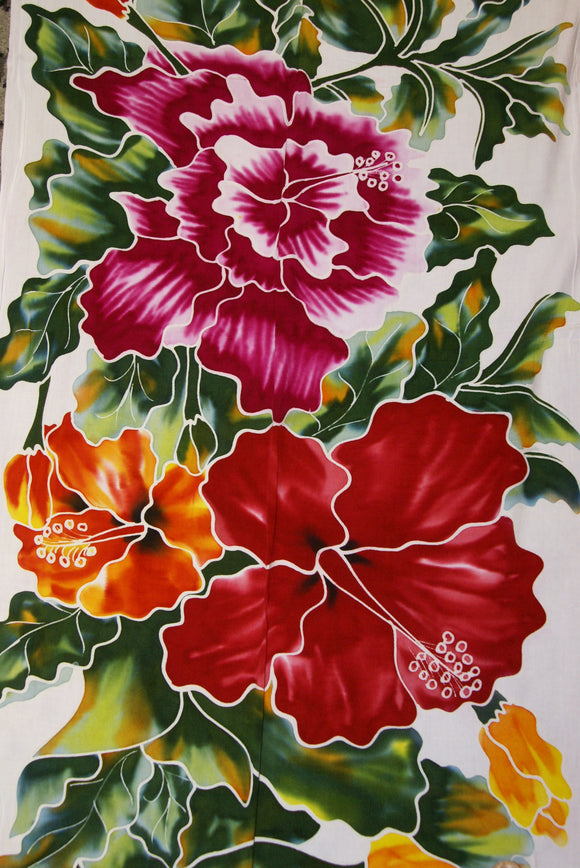 HIGH QUALITY HAND PAINTED TEXTILE FABRIC HALF SARONG OR BEACH SKIRT, SUMMER TABLE RUNNER, SIGNED BY THE ARTIST: DETAILED MOTIFS OF BLOOMING HIBISCUS ON WHITE BACKGROUND, RICH COLORS 74