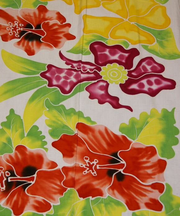 HIGH QUALITY HAND PAINTED TEXTILE FABRIC HALF SARONG OR BEACH SKIRT, SCARF, TABLE RUNNER SIGNED BY THE ARTIST: DETAILED MOTIFS OF BLOOMING HIBISCUS, VANDA ORCHIDS, TROPICAL PLANTS, RICH COLORS 74