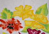 HIGH QUALITY HAND PAINTED TEXTILE FABRIC HALF SARONG OR BEACH SKIRT, SCARF, TABLE RUNNER SIGNED BY THE ARTIST: DETAILED MOTIFS OF BLOOMING HIBISCUS, VANDA ORCHIDS, TROPICAL PLANTS, RICH COLORS 74" x 23" (no SC15)