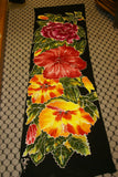 HIGH QUALITY HAND PAINTED TEXTILE FABRIC HALF SARONG OR BEACH SKIRT, SUMMER TABLE RUNNER, SIGNED BY THE ARTIST: DETAILED MOTIFS OF BLOOMING HIBISCUS ON BLACK BACKGROUND, RICH COLORS 74" x 23" (no SC16)